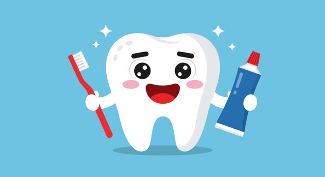 Cartoon tooth character holding toothbrush and toothpaste tube.