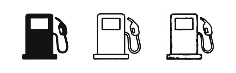 Gas pump icon set in solid, outline, and hand-drawn styles, representing fuel and energy.