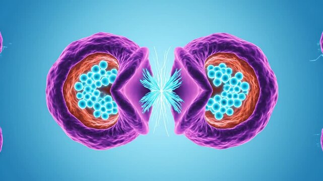 Cell division process with mitosis and cytokinesis in microscopic view