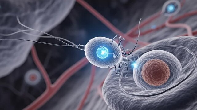 A video showcasing a sperm cell fertilizing an egg in a detailed microscopic view of human reproduction