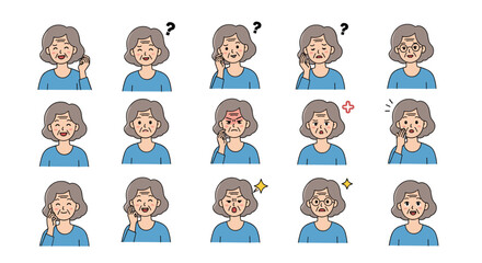 Obraz premium Collection of facial expressions featuring an elderly woman in a blue shirt showing joy, sadness, anger, and surprise.