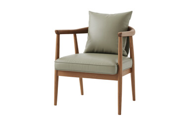 Fototapeta premium A comfortable mid century modern armchair featuring soft sage green upholstery and warm exposed wooden frame details isolated on white