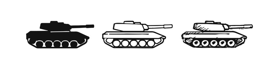 Military battle tank icon set in solid, outline, and hand-drawn styles, depicting ground warfare.