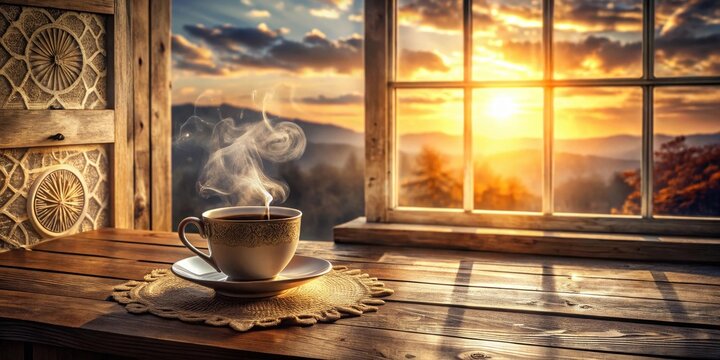 Warm beverage steaming gently near a rustic window overlooking a vibrant sunset landscape