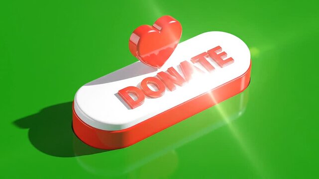 Brightly lit 3D rendered red and white donate button with a heart on a vibrant green surface.