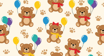 Fototapeta premium Seamless pattern of cartoon teddy bears with colorful balloons.