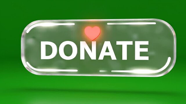 Animated transparent 'Donate' button with a glowing red heart appearing and rotating on a bright green screen.