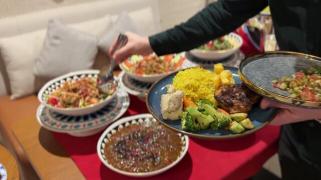 Close-up of a person serving a Middle Eastern meal featuring yellow rice, grilled meat, hummus, tabbouleh, and fresh salads on a dining table indoors with vibrant traditional dishes.