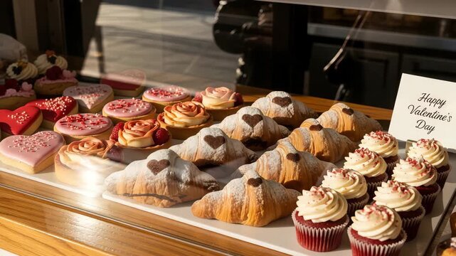 Pastry shop display with heart cookies, cupcakes, and croissants with an Happy Valentines Day sign for celebration.