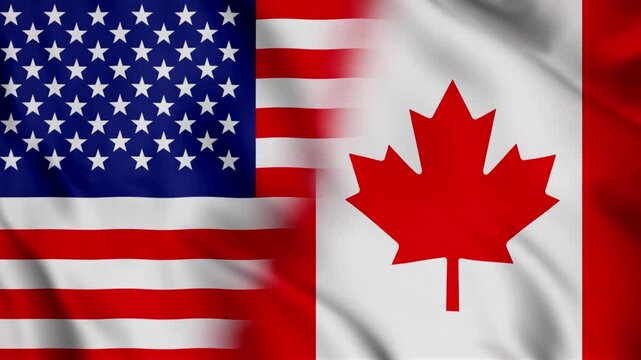 USA and Canada merged flags waving in wind, North American partnership concept, cross border trade cooperation symbolism, realistic fabric texture seamless 4K loop animation