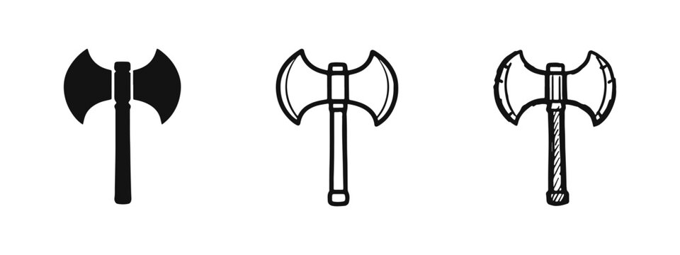 Double-bladed axe icon set in solid, outline, and hand-drawn styles. Medieval weapon or fantasy game element.