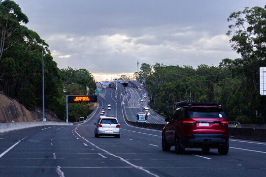 Drinking? Don&rsquo;t drive warning notice text on overhead digital sign above road in NSW Australia