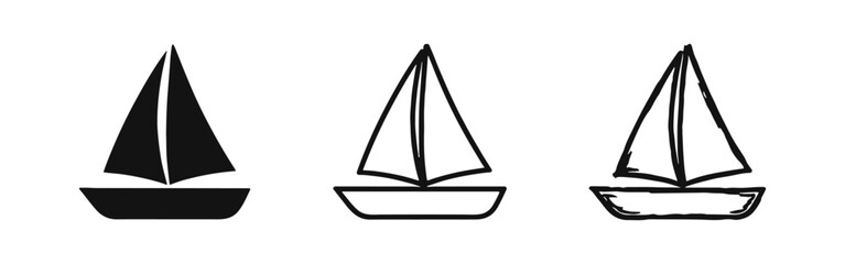 Sailboat icon set in solid, outline, and hand-drawn styles. Nautical travel, sailing, and adventure symbol.