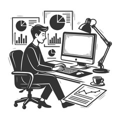 Fototapeta premium business analyst working at desktop computer with financial charts and graphs, representing data analysis and office productivity sketch engraving generative ai vector illustration. Scratch board. 