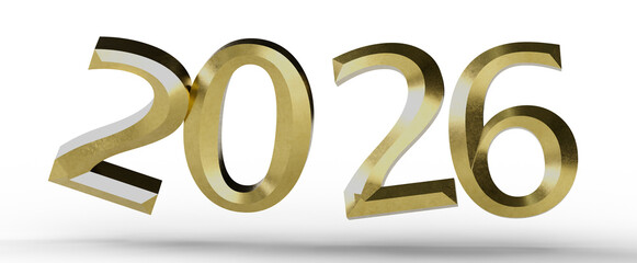 Stylish 3D rendered gold 2026 text isolated on white background. Perfect for New Year greetings, business promotions, or © vegefox.com