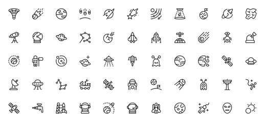 Astronomy and Space Exploration icon set. Vector illustration pack with planets, rocket launch, satellite, UFO, astronaut and more. Editable stroke. © wang