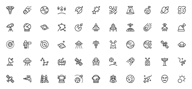Astronomy and Space Exploration icon set. Vector illustration pack with planets, rocket launch, satellite, UFO, astronaut and more. Editable stroke.