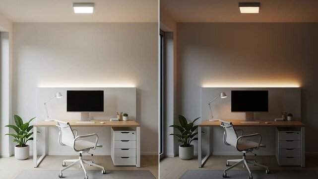 A video showcasing a modern home office setup with a desk and chair in different lighting conditions