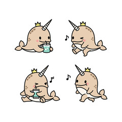 Cartoon narwhal character singing and drinking coffee with crown, funny illustration © AKTER STOCK