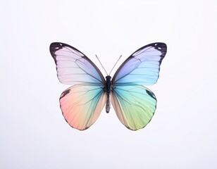 透明感のある虹色の羽を持つ幻想的で美しい蝶の白背景のミニマルなコンセプトイメージ