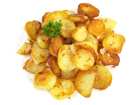 Food - Classic Roasted Potatoes with Bacon and Onions on white Background