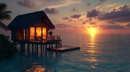 Idyllic overwater bungalow at sunset on tropical ocean paradise