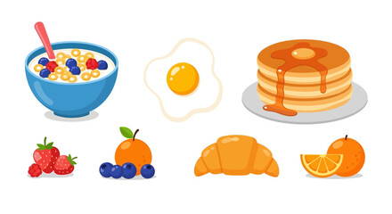 Assorted breakfast items including eggs pancakes croissant and fruit bowl.