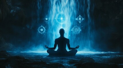 Fototapeta premium Silhouette of figure meditating in front of mystical waterfall with glowing symbols
