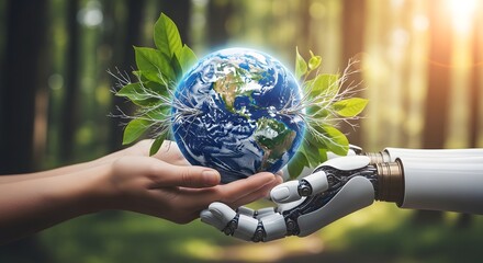 Human and robotic hands holding a glowing Earth with leaves in a forest