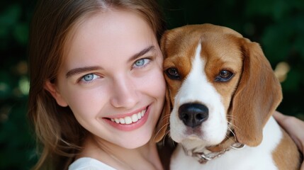 Woman and dog portrait smiling close up outdoors happy together
