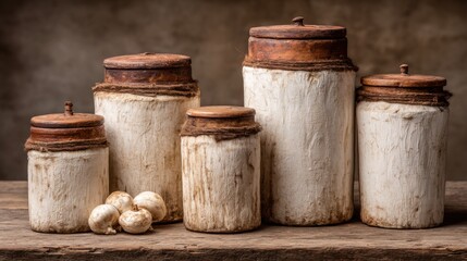 Collection of Opaque Ceramic Jars with Fermented Mushroom Ingredients on a Rustic Shelf