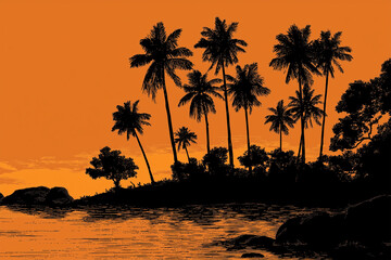 Silhouette of Tropical Palm Trees Against Ocean Sunset, Detailed Tropical Beach Landscape Concept