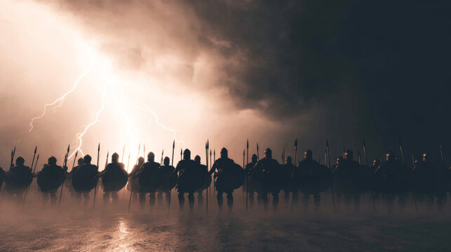 Hoplite warriors forming a phalanx, ready for war under a dramatic sky with striking lightning, symbolizing strength and conflict