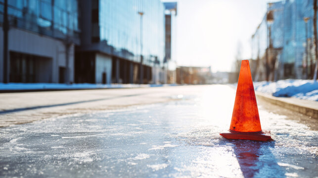 Caution, A vibrant orange cone placed on a icy road to warn of hazardous ice conditions, highlighting the importance of staying safe during winter