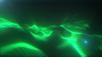 Abstract futuristic background featuring green glowing digital particles forming dynamic waves, sci-fi and tech concept