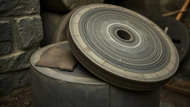 millstones. Two large circular millstones with deep grinding marks in a quiet mill. safety posters, maintenance manuals, designed for industrial assembly lines and welding operations.