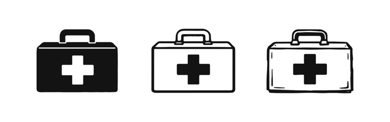 Obraz premium Set of first aid kit icons with a medical cross symbol, vector illustration in various styles.
