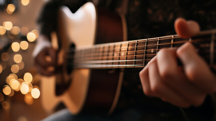 Fototapeta premium Musician playing acoustic guitar with fingers pressing strings on fretboard, creating melodies, musical instrument