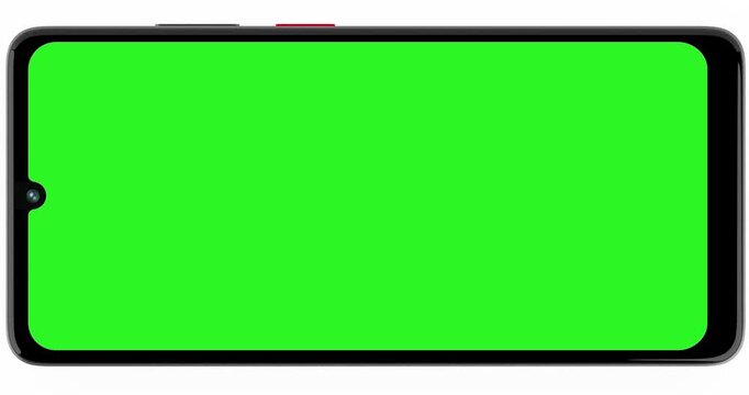 4k Resolution Video: Mobile Technology And Mockup Concept. Modern Smartphone With Green Screen Display In Horizontal Orientation On White Background with Alpha Matte