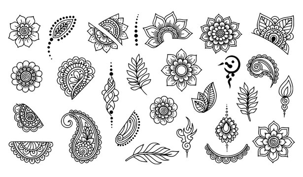 Henna tattoo doodle vector elements set hand drawn mehndi decorative ornament collection