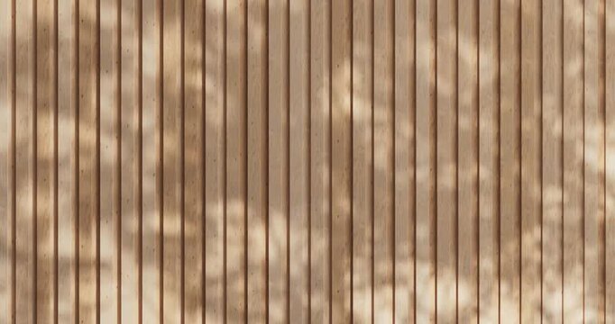 4k Resolution Video: Modern Wooden Slat Wall Background Concept Of Natural Minimalism And Warm Interior Design. Vertical Light Brown Timber Panels With Animated Soft Sunlight And Shadow Patterns 