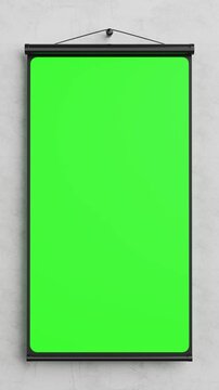 4k Resolution Vertical Video for Social Media: 4k Resolution Video: Presentation And Education Concept. Wall Mounted Projection Screen With Green Chroma Key Display Ready For Video, Webinar Content 