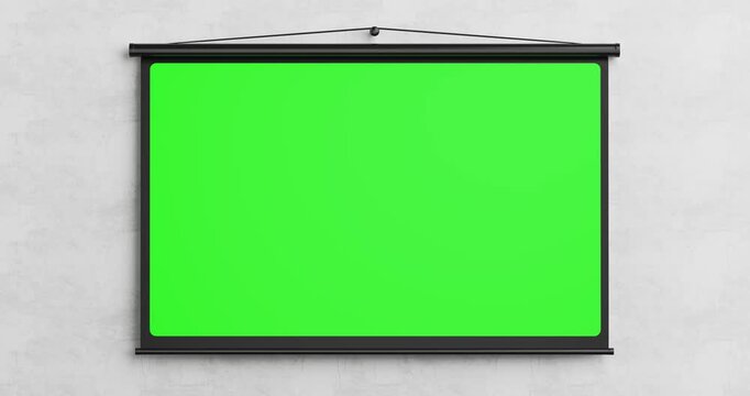 4k Resolution Video: Presentation And Education Concept. Wall Mounted Projection Screen With Green Chroma Key Display Ready For Video, Webinar, Or Training Content 