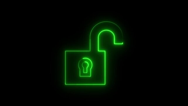 Neon green open padlock glowing on black background security access symbol open lock glowing lock