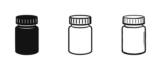 Minimalist black and white icons depicting small medical sample or drug vials with ribbed caps. © drawing lines