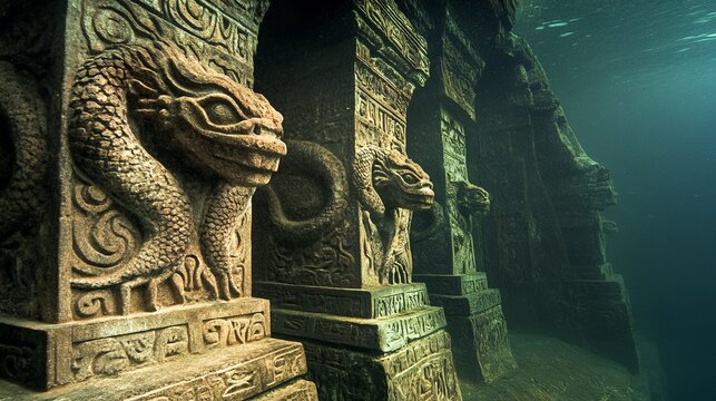 Mysterious underwater temple columns carved with ancient serpents in deep ocean waters