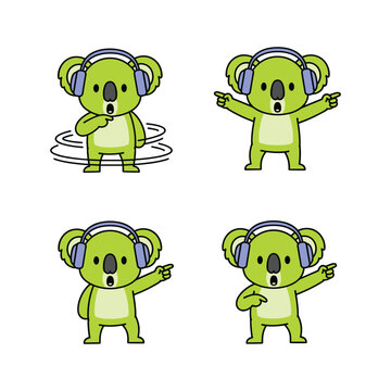 Cartoon koala wearing headphones and dancing in different poses with copy space