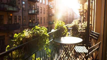 Fototapeta premium Balcony setting with garden furniture and plants, illuminated by bright sun, overlooking a charming European street