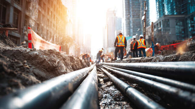 Construction workers laying underground utility cables in a city trench, preparing infrastructure for urban development, power, and broadband