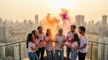 Obraz premium Indian family celebrating Holi festival with colors on city rooftop